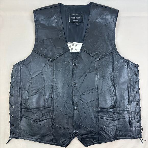 Rebel Ryder Black Leather Patchwork Laced Biker Vest Red Goldwing Motorcycle 2XL - Picture 1 of 12